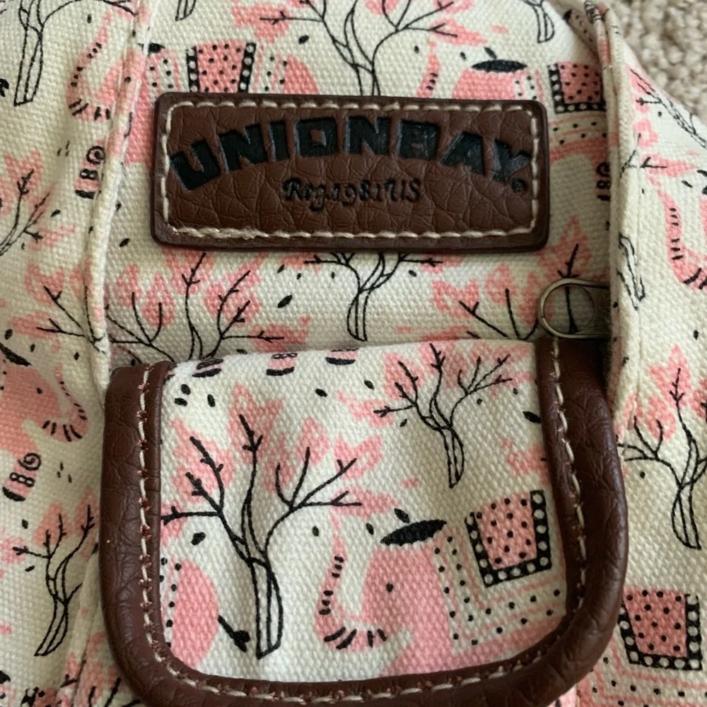 Union Bay strap sling bag adjustable braided rope strap ivory w pink elephants